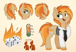 Size: 2030x1400 | Tagged: safe, artist:thegamblehorse, deleted from derpibooru, derpibooru import, oc, oc:parlay, unofficial characters only, earth pony, pony, clothes, cutie mark, female, freckles, height scale, hoof on chest, multiple views, necktie, reference sheet, simple background, solo, unshorn fetlocks, vest