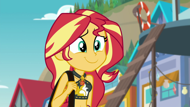 Size: 1920x1080 | Tagged: safe, derpibooru import, screencap, sunset shimmer, equestria girls, equestria girls series, forgotten friendship, :t, belly button, bikini, clothes, cute, female, geode of empathy, jewelry, magical geodes, midriff, necklace, shimmerbetes, smiling, solo, stomach, swimsuit, youtube link