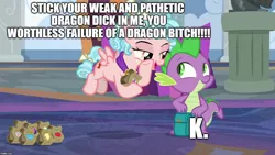 Size: 1280x720 | Tagged: suggestive, derpibooru import, edit, edited screencap, editor:useraccount, screencap, cozy glow, spike, dragon, pegasus, pony, school raze, abuse, backpack, caption, cozyspike, dirty talk, female, filly, go to sleep garble, image, image macro, implied femdom, implied foalcon, implied sex, insult, jpeg, male, meme, shipping, shitposting, small penis humiliation, spikeabuse, straight, text, winged spike