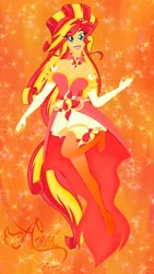 Size: 1024x1820 | Tagged: safe, artist:angelrairay, derpibooru import, sunset shimmer, equestria girls, abstract background, alternate hairstyle, boots, breasts, choker, cleavage, clothes, cutie mark, dress, evening gloves, female, fingerless elbow gloves, fingerless gloves, gloves, high heel boots, long gloves, looking at you, shoes, skirt, smiling, solo, thigh boots