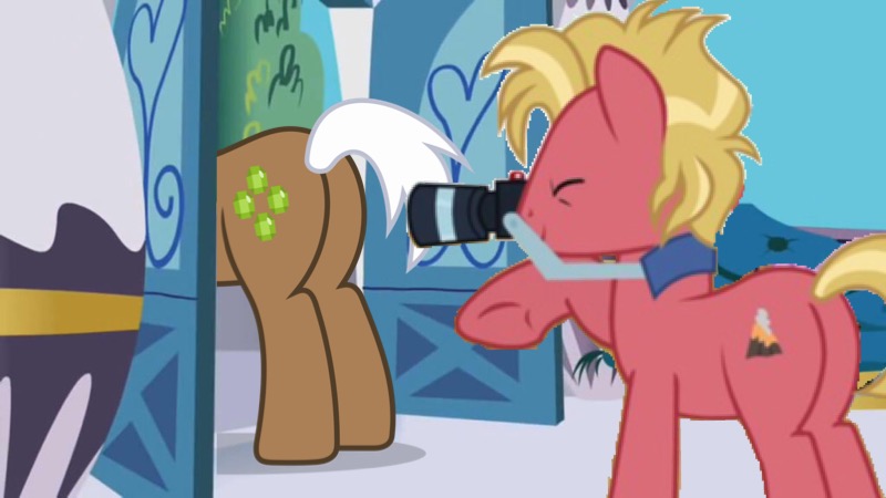 Size: 800x450 | Tagged: safe, derpibooru import, edit, edited screencap, screencap, mochaccino, rare find, tropic heat, earth pony, pony, background pony, butt, camera, eyes closed, eyes on the prize, male, plot, raised hoof, stallion