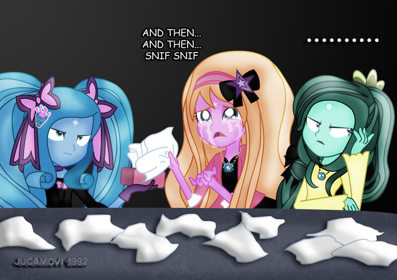 Size: 1600x1131 | Tagged: safe, artist:jucamovi1992, derpibooru import, oc, oc:aglaope, oc:piscis, oc:radne, oc:the dark stars, equestria girls, crying, cute, sad, sadorable, tissue, tissue box, unamused