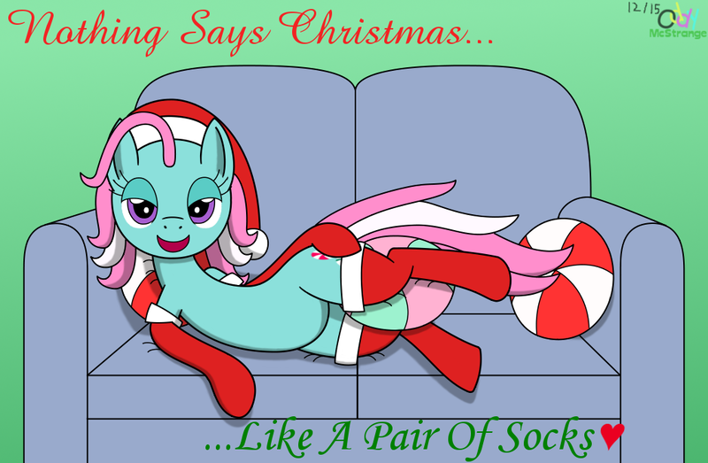 Size: 1030x674 | Tagged: suggestive, artist:oddymcstrange, derpibooru import, minty, earth pony, pony, bedroom eyes, christmas, clothes, couch, cushion, dialogue, female, g3, g3 to g4, generation leap, hat, heart, holiday, looking at you, mare, open mouth, santa hat, side, smiling, socks, solo, solo female, stockings, thigh highs