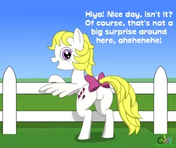 Size: 1010x854 | Tagged: safe, alternate version, artist:oddymcstrange, derpibooru import, surprise, pegasus, pony, bipedal, bipedal leaning, bow, butt, dialogue, female, fence, g1, g1 to g4, generation leap, laughing, leaning, looking back, mare, open mouth, plot, pun, smiling, solo, tail bow