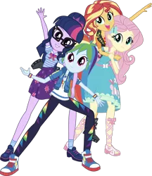 Size: 2952x3413 | Tagged: safe, artist:spokenmind93, derpibooru import, fluttershy, rainbow dash, sci-twi, sunset shimmer, twilight sparkle, equestria girls, equestria girls series, boots, clothes, converse, cute, dashabetes, dress, geode of empathy, geode of fauna, geode of super speed, geode of telekinesis, glasses, high heel boots, looking at you, magical geodes, pants, ponytail, selfie, shimmerbetes, shoes, shyabetes, simple background, skirt, smiling, socks, transparent background, twiabetes
