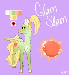 Size: 869x944 | Tagged: safe, artist:qatsby, derpibooru import, oc, oc:glam slam, unofficial characters only, pegasus, pony, female, long legs, mare, offspring, parent:bulk biceps, parent:tree hugger, parents:bulkhugger, purple background, reference sheet, signature, simple background, solo