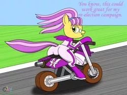 Size: 1190x896 | Tagged: safe, artist:oddymcstrange, derpibooru import, mayor flitter flutter, earth pony, pony, butt, clothes, dialogue, driving, female, flitter flutter, g3, g3 to g4, g3.5, g3.5 to g4, generation leap, glasses, jumpsuit, lidded eyes, looking back, mare, mario kart, mario kart wii, motorcycle, open mouth, outfit, plot, smiling