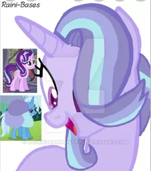 Size: 400x453 | Tagged: safe, artist:jackiesrandomart, derpibooru import, starlight glimmer, trixie, oc, base used, deviantart watermark, female, lesbian, magical lesbian spawn, obtrusive watermark, offspring, parent:starlight glimmer, parent:trixie, parents:startrix, shipping, simple background, startrix, watermark, white background