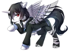 Size: 1150x862 | Tagged: safe, artist:swaybat, derpibooru import, oc, alicorn, pony, alicorn oc, amputee, artificial wings, augmented, chest fluff, clothes, collar, ear fluff, horn, prosthetic leg, prosthetic limb, prosthetic wing, prosthetics, simple background, umbrella corporation, white background, wings