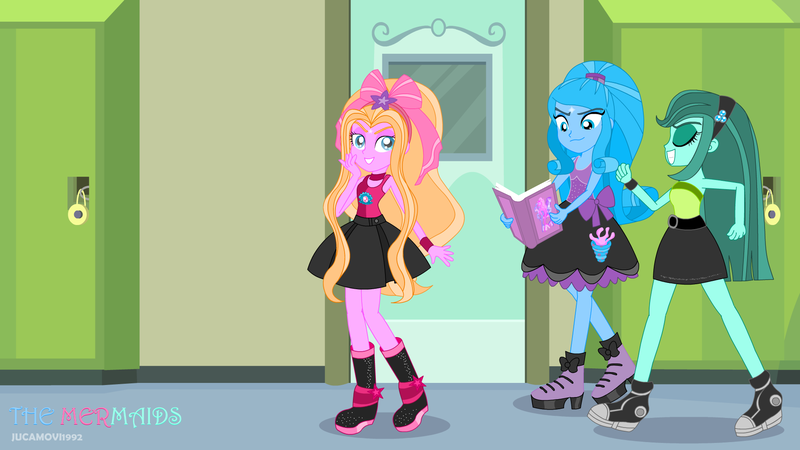 Size: 1920x1080 | Tagged: safe, artist:jucamovi1992, derpibooru import, oc, oc:aglaope, oc:piscis, oc:radne, oc:the dark stars, equestria girls, belt, book, boots, clothes, pleated skirt, shoes, skirt, sneakers