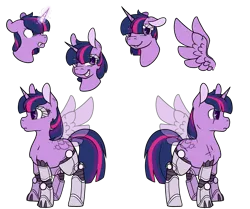 Size: 4097x3425 | Tagged: safe, artist:cloureed, derpibooru import, twilight sparkle, twilight sparkle (alicorn), alicorn, cyborg, pony, amputee, bust, commander twilight, eye scar, fanfic art, glowing horn, horn, implants, prosthetic leg, prosthetic limb, prosthetics, quadruple amputee, reference sheet, scar, scarred, simple background, transparent background, transparent wings, wings