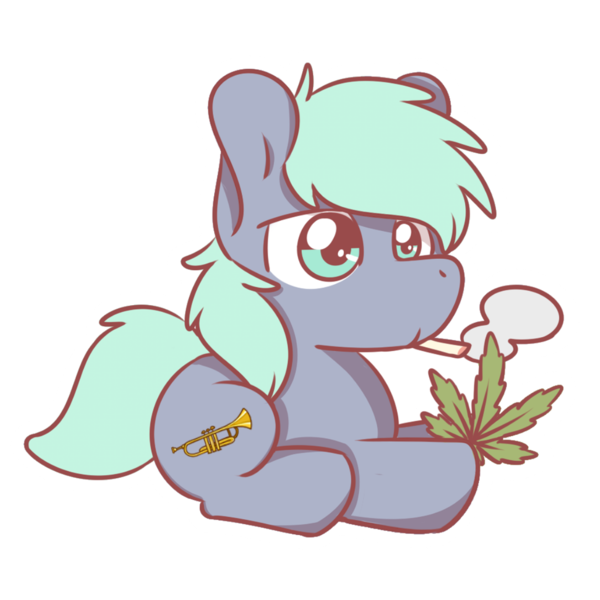 Size: 1280x1280 | Tagged: safe, artist:sugar morning, derpibooru import, oc, oc:dee, unofficial characters only, earth pony, pony, chibi, cute, drugs, lying down, marijuana, musical instrument, simple background, smoking, solo, transparent background, trumpet