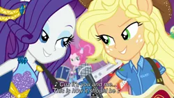 Size: 1920x1080 | Tagged: safe, derpibooru import, screencap, applejack, pinkie pie, rarity, equestria girls, equestria girls series, rollercoaster of friendship, best friends, female, photo booth (song), ponied up, shipping fuel, singing, subtitles, super ponied up