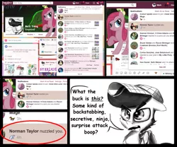 Size: 1397x1160 | Tagged: safe, artist:chopsticks, derpibooru import, pinkie pie, oc, oc:chopsticks, pegasus, pony, boop, clothes, dialogue, facebook, hat, male, meta, non-consensual booping, non-consensual nuzzling, nuzzling, pinkamena diane pie, ponyhoof, reply, text
