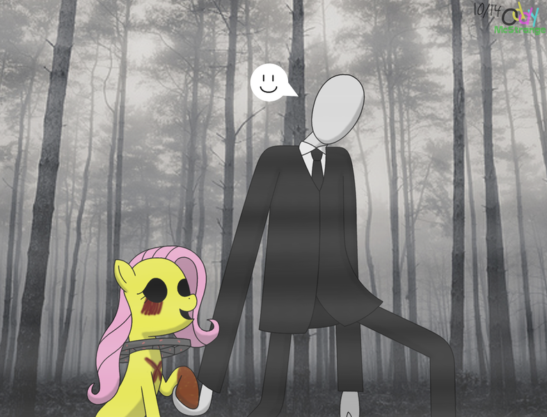 Size: 1368x1044 | Tagged: grimdark, artist:oddymcstrange, derpibooru import, fluttershy, pony, amnesia, amnesia a machine for pigs, amnesia the dark descent, amnesia the dark descent: justine, amnesiashy, blood, collar, crossover, crossover shipping, emoticon, female, fog, forest, holding hands, mare, no eyes, open mouth, shipping, slenderman, smiling, tree