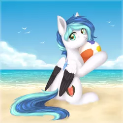 Size: 2000x2000 | Tagged: safe, artist:avrameow, derpibooru import, oc, oc:jewel blue, unofficial characters only, pegasus, pony, beach, beach ball, curious, cute, cutie mark, female, filly, fluffy, high res, looking at you, parent:oc:looic, parent:oc:shadow blue, parents:shadooic, solo, spread wings, sun, sunny, surprised, wings