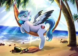 Size: 4000x2896 | Tagged: suggestive, artist:raranfa, derpibooru import, oc, oc:jewel blue, unofficial characters only, crab, pegasus, pony, beach, beach babe, commission, curious, cute, cutie mark, female, fluffy, hammock, high res, looking at you, mare, ocean, palm tree, parent:oc:looic, parent:oc:shadow blue, parents:shadooic, seductive, sexy, shadooic, slim, solo, solo female, spread wings, sun, sunglasses, sunny, tree, wings, ych result