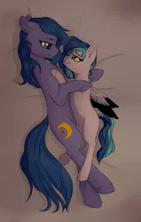 Size: 1645x2593 | Tagged: safe, artist:littledreamycat, derpibooru import, oc, oc:jewel blue, oc:shadow blue, unofficial characters only, earth pony, pegasus, pony, bed, cuddling, cute, cutie mark, eye contact, female, filly, fluffy, green eyes, high res, looking at each other, mare, mother and child, mother and daughter, parent:oc:looic, parent:oc:shadow blue, parents:shadooic, shadooic, solo, spread wings, surprised, wings