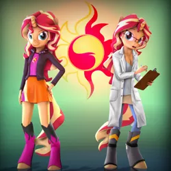 Size: 5200x5200 | Tagged: safe, artist:imafutureguitarhero, artist:kaemantis, deleted from derpibooru, derpibooru import, sunset shimmer, anthro, unguligrade anthro, unicorn, equestria girls, friendship games, the science of magic, 3d, absurd resolution, adaptation, boots, breasts, chromatic aberration, cleavage, clipboard, clothes, colored eyebrows, cutie mark, dress, duality, equestria girls outfit, female, film grain, freckles, glasses, horn, jacket, lab coat, leather, leather jacket, mare, miniskirt, paintover, pen, recursive fanart, shirt, shoes, skirt, solo, source filmmaker, square, sunset the science gal