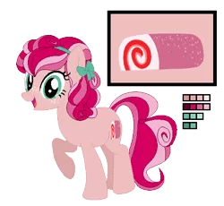 Size: 500x460 | Tagged: safe, artist:awoomarblesoda, derpibooru import, oc, oc:strawberry swiss roll, earth pony, pony, female, mare, offspring, parent:cheese sandwich, parent:pinkie pie, parents:cheesepie, reference sheet, simple background, solo, transparent background