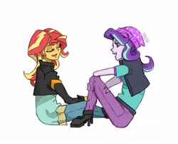 Size: 1752x1416 | Tagged: safe, artist:ilacavgbmjc, derpibooru import, starlight glimmer, sunset shimmer, human, equestria girls, beanie, duo, female, hat, sitting, talking