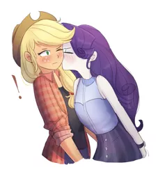 Size: 1157x1273 | Tagged: safe, artist:tcn1205, derpibooru import, applejack, rarity, human, equestria girls, blushing, clothes, commissioner:raritybro, cute, daaaaaaaaaaaw, exclamation point, eyes closed, female, humanized, jackabetes, kiss on the cheek, kissing, lesbian, one eye closed, pony coloring, raribetes, rarijack, shipping, simple background, skirt, white background