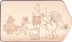 Size: 2849x1672 | Tagged: apple, apple bloom, applebucking, apple family, applejack, artist:malte279, big macintosh, cart, craft, derpibooru import, food, granny smith, harvest, pyrography, safe, traditional art, wip