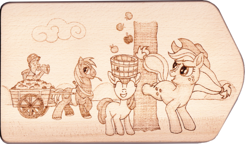 Size: 2841x1679 | Tagged: apple, apple bloom, applebucking, apple family, applejack, artist:malte279, big macintosh, cart, craft, derpibooru import, food, granny smith, harvest, pyrography, safe, traditional art