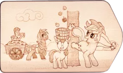 Size: 2841x1679 | Tagged: apple, apple bloom, applebucking, apple family, applejack, artist:malte279, big macintosh, cart, craft, derpibooru import, food, granny smith, harvest, pyrography, safe, traditional art