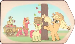 Size: 2849x1672 | Tagged: apple, apple bloom, applebucking, apple family, applejack, artist:malte279, big macintosh, cart, craft, derpibooru import, digitally colored, food, granny smith, harvest, pyroghraphy, safe