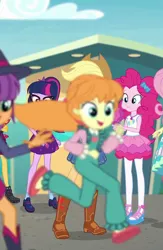 Size: 704x1079 | Tagged: safe, derpibooru import, screencap, fluttershy, ginger owlseye, megan williams, pinkie pie, sci-twi, sunset shimmer, twilight sparkle, equestria girls, equestria girls series, rollercoaster of friendship, background human, cameo, child, clothes, cropped, g1, g1 to equestria girls, generation leap, geode of sugar bombs, magical geodes, pantyhose, running