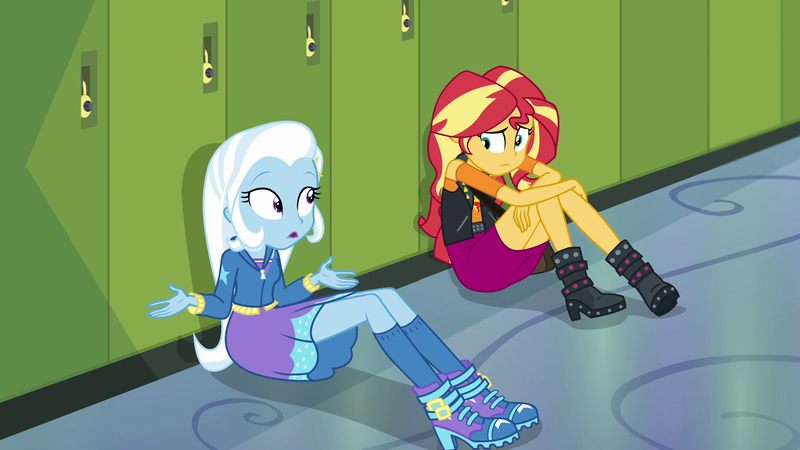 Size: 1920x1080 | Tagged: safe, derpibooru import, screencap, sunset shimmer, trixie, equestria girls, equestria girls series, forgotten friendship, boots, clothes, high heel boots, high heels, hoodie, jacket, leather jacket, lockers, shoes, skirt, socks