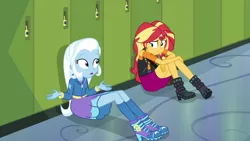 Size: 1920x1080 | Tagged: safe, derpibooru import, screencap, sunset shimmer, trixie, equestria girls, equestria girls series, forgotten friendship, boots, clothes, high heel boots, high heels, hoodie, jacket, leather jacket, lockers, shoes, skirt, socks