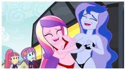 Size: 1512x840 | Tagged: suggestive, derpibooru import, edit, edited edit, edited screencap, editor:slayerbvc, screencap, princess cadance, princess luna, sour sweet, sunny flare, equestria girls, friendship games, black underwear, bra, breasts, bus, cleavage, clothes, crystal prep academy uniform, cutie mark underwear, dean cadance, female, laughing, no makeup edit, panties, photo, quartet, red underwear, school uniform, strapless bra, underwear, underwear edit, vice principal luna