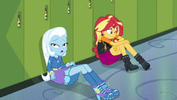 Size: 1920x1080 | Tagged: safe, derpibooru import, screencap, scott green, sunset shimmer, trixie, wiz kid, equestria girls, equestria girls series, forgotten friendship, animated, background human, boots, clothes, female, geode of empathy, high heel boots, high heels, hoodie, jacket, leather jacket, lockers, magical geodes, male, shoes, skirt, socks, sound, webm