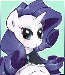 Size: 400x457 | Tagged: safe, artist:yukandasama, derpibooru import, rarity, pony, unicorn, bust, female, looking at you, mare, obtrusive watermark, smiling, solo, watermark