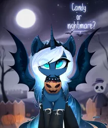 Size: 1024x1206 | Tagged: safe, artist:magnaluna, derpibooru import, princess luna, alicorn, bat pony, bat pony alicorn, pony, alternate hairstyle, bat wings, choker, clothes, crown, cute, dialogue, female, full moon, goth, gothic, halloween, holiday, horn, jewelry, lunabetes, mare, moon, mouth hold, night, night sky, pumpkin bucket, regalia, sky, socks, solo, spiked choker, spread wings, stars, trick or treat, wings