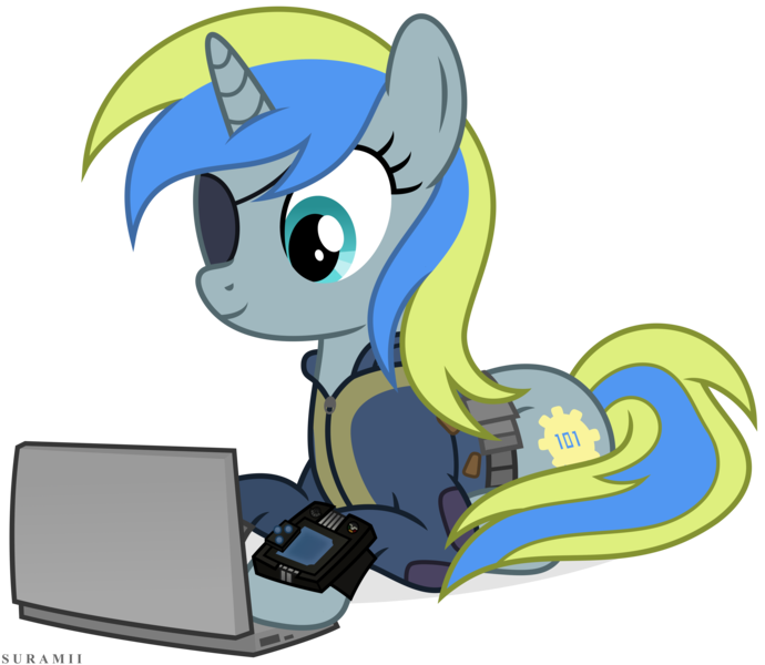 Size: 6867x5974 | Tagged: safe, artist:suramii, derpibooru import, oc, oc:vaulty, pony, unicorn, fallout equestria, fanfic, absurd resolution, clothes, commission, computer, cutie mark, eyepatch, fanfic art, female, hooves, horn, laptop computer, mare, pipbuck, prone, simple background, solo, transparent background, vault suit