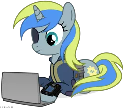 Size: 6867x5974 | Tagged: safe, artist:suramii, derpibooru import, oc, oc:vaulty, pony, unicorn, fallout equestria, fanfic, absurd resolution, clothes, commission, computer, cutie mark, eyepatch, fanfic art, female, hooves, horn, laptop computer, mare, pipbuck, prone, simple background, solo, transparent background, vault suit