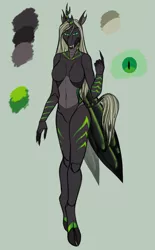 Size: 1807x2922 | Tagged: anthro, anthro oc, artist:blackblood-queen, breasts, changeling, changeling queen, changeling queen oc, claws, derpibooru import, fangs, featureless breasts, featureless crotch, female, green changeling, oc, oc:queen eris, safe, slit eyes, smiling, solo, unguligrade anthro, unofficial characters only