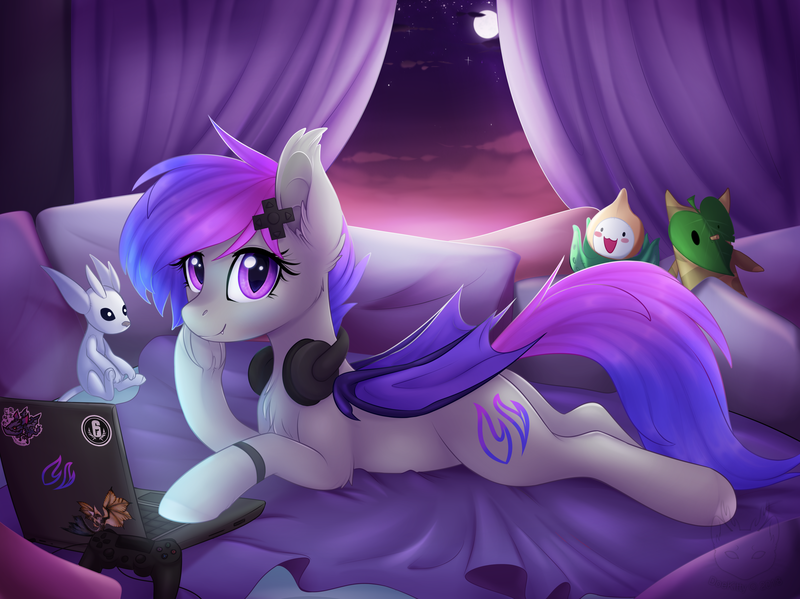 Size: 3303x2472 | Tagged: safe, artist:doekitty, derpibooru import, oc, oc:afternight, unofficial characters only, bat pony, pony, bat pony oc, bat wings, bed, computer, controller, curtains, female, headphones, laptop computer, looking at you, lying, mare, night, plushie, prone, smiling, solo, wings