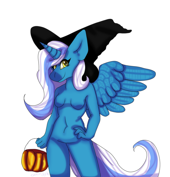 Size: 1024x1064 | Tagged: alicorn, alicorn oc, anthro, artist:orchidcrystal, breasts, commission, derpibooru import, featureless breasts, female, hat, horn, oc, oc:fleurbelle, pumpkin bucket, simple background, solo, suggestive, transparent background, unofficial characters only, wings, witch hat, ych result