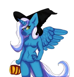 Size: 1024x1064 | Tagged: alicorn, alicorn oc, anthro, artist:orchidcrystal, breasts, commission, derpibooru import, featureless breasts, female, hat, horn, oc, oc:fleurbelle, pumpkin bucket, simple background, solo, suggestive, transparent background, unofficial characters only, wings, witch hat, ych result