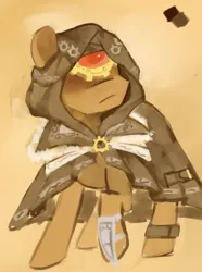 Size: 976x1310 | Tagged: safe, artist:dhui, derpibooru import, oc, pony, buck legacy, concept art, hood, male, solo, steampunk, weapon