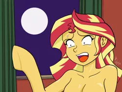 Size: 1024x768 | Tagged: suggestive, artist:mayorlight, derpibooru import, sunset shimmer, were-pony, equestria girls, an american werewolf in london, arm hooves, breasts, digital art, female, full moon, hooves, human to pony, implied nudity, moon, movie reference, open mouth, parody, screaming, solo, solo female, sweat, transformation