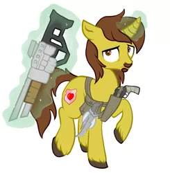 Size: 565x576 | Tagged: safe, artist:stickycrop, derpibooru import, oc, oc:jsonus heartguard, unofficial characters only, pony, unicorn, fallout equestria, colored hooves, cutie mark, facial hair, glowing horn, goatee, gun, handgun, hoof fluff, hooves, horn, knife, levitation, magic, male, moustache, pistol, simple background, solo, stallion, telekinesis, weapon, white background