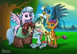 Size: 1024x724 | Tagged: safe, artist:greenflyart, derpibooru import, gallus, ocellus, sandbar, silverstream, smolder, yona, changedling, changeling, classical hippogriff, dragon, earth pony, gryphon, hippogriff, pony, yak, season 8, spoiler:s08, bow, claws, cloven hooves, colored hooves, dragoness, female, flying, hair bow, looking at you, male, mane six opening poses, monkey swings, paws, student six, tail, teenager, wings