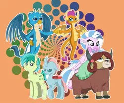 Size: 979x816 | Tagged: safe, artist:chedx, derpibooru import, gallus, ocellus, sandbar, silverstream, smolder, yona, changedling, changeling, classical hippogriff, dragon, earth pony, gryphon, hippogriff, pony, yak, school daze, abstract background, bow, chest fluff, cloven hooves, colored hooves, cutie mark, dragoness, female, fist bump, flying, hair bow, jewelry, male, monkey swings, necklace, student six, teenager, wings