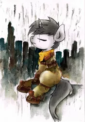 Size: 1600x2283 | Tagged: safe, artist:mashiromiku, derpibooru import, oc, oc:dossier, unofficial characters only, pony, unicorn, fanfic:shadow of equestria, boots, clothes, commission, eyes closed, scarf, shoes, solo, traditional art, watercolor painting