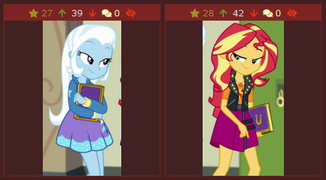 Size: 457x253 | Tagged: safe, derpibooru import, edit, edited screencap, screencap, sunset shimmer, trixie, derpibooru, equestria girls, equestria girls series, forgotten friendship, cropped, geode of empathy, juxtaposition, magical geodes, meta, she knows, they know